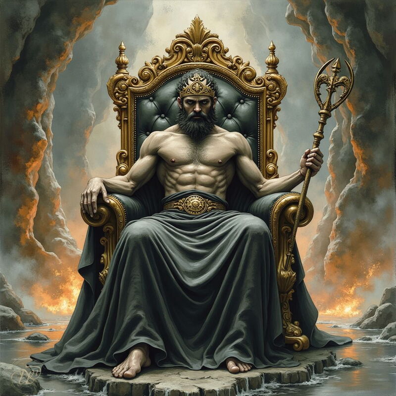 Der finster blickende Gott Hades mit Bart und Krone sitzt mit nacktem Oberkörper auf einem prunkvollen, gold-schwarzen Thron und hält seinen zweizackigen goldenen Zepter in der Hand, während im Hintergrund Feuer und Rauch der Unterwelt aufragen.