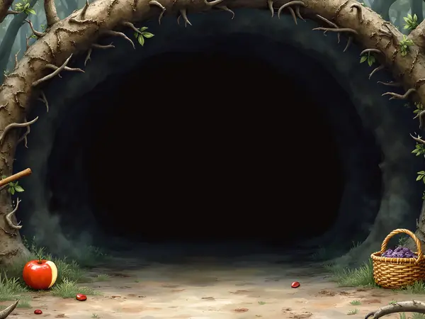 Eine Hexe mit rotem Hut und ein bärtiger Zwerg vor einer dunklen Waldhöhle voller Märchenfiguren.