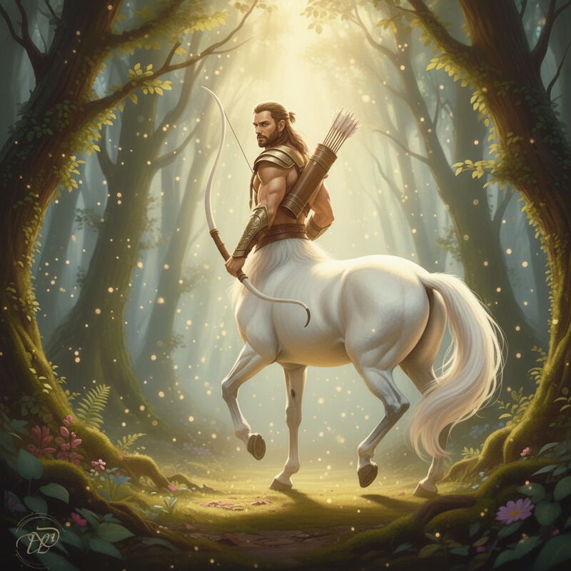Ein muskulöser Zentaur mit dem Unterleib eines weißen Pferdes steht in einem magischen, sonnendurchfluteten Wald. Er hält einen Bogen in der Hand und trägt einen Köcher mit Pfeilen auf seinem Rücken.
