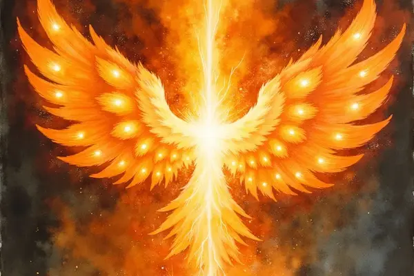 Ein Seraphim-Engel als abstraktes Wesen aus reinem Feuer und Licht. Aus einem leuchtenden Zentrum erheben sich riesige, flammende Flügel, die mit Lichtpunkten besetzt sind, vor einem dunklen, kosmischen Hintergrund.