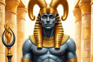 Der ägyptische Gott Amun mit blaugrauer Haut, einem goldenen Pharaonen-Kopfschmuck und mächtigen Widderhörnern, der in einem Tempel steht und ein Zepter hält