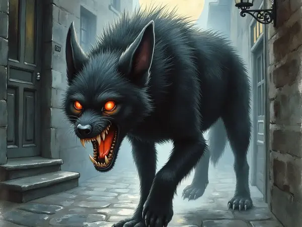 Ein großer, monströser schwarzer Hund, der Barghest, schleicht mit leuchtend roten Augen und entblößten Fängen durch eine dunkle, gepflasterte Gasse. Am Nachthimmel steht ein voller Mond, während eine einzelne Laterne die unheimliche Szene beleuchtet.