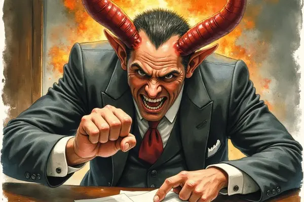 Satan mit großen roten Hörnern, gekleidet in einen Anzug, beugt sich über einen Schreibtisch und zeigt auf einen Vertrag. Er hat ein boshaftes Grinsen, und im Hintergrund ist eine feurige Explosion zu sehen.