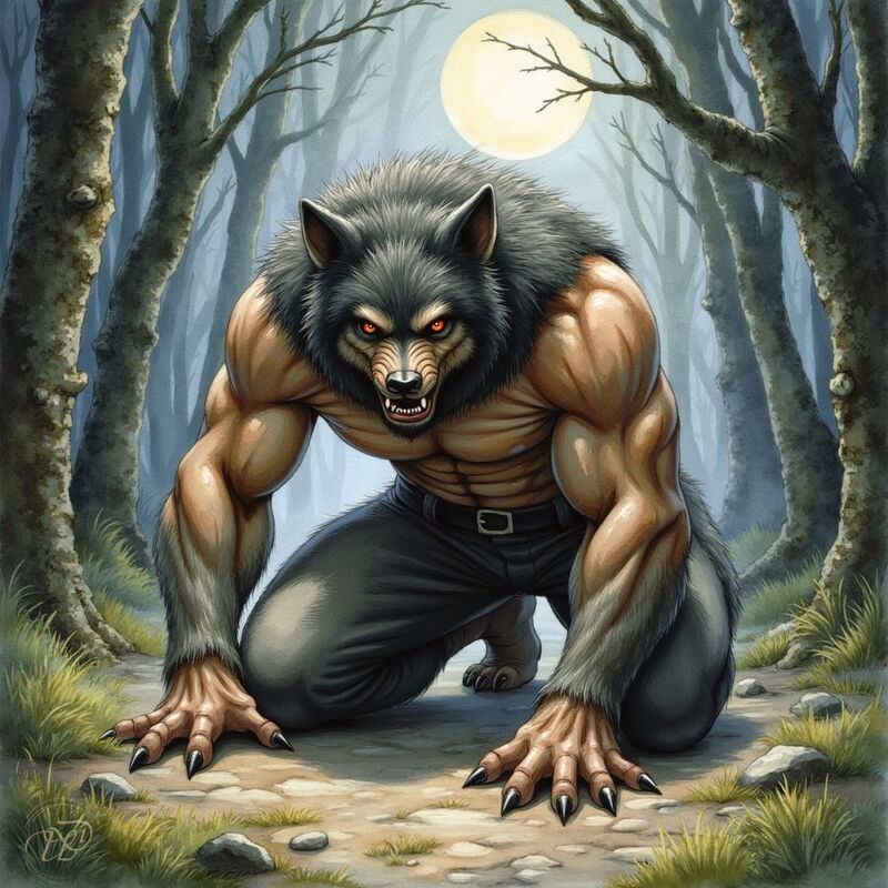 Ein muskulöser Werwolf mit grauem Fell und leuchtend roten Augen kauert in einem Wald auf allen Vieren. Er hat den Kopf eines Wolfes, lange schwarze Krallen und zerrissene Hosen, während hinter ihm der Vollmond scheint.