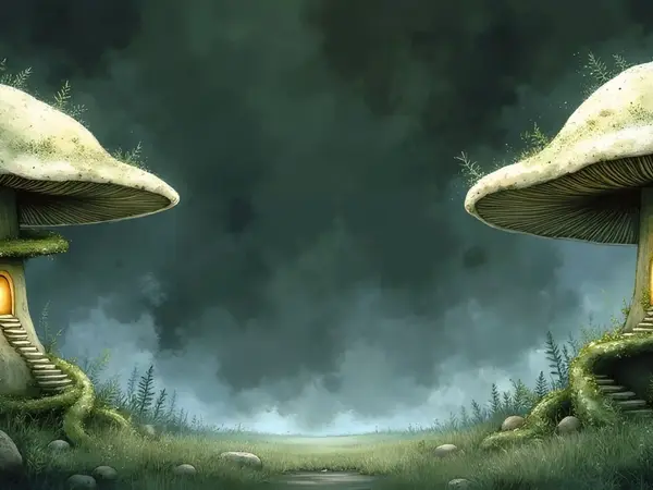 Zwei bewohnbare Riesenpilze in einer nebligen Erdwelt mit beleuchteten Fenstern und Treppenaufgängen im Moos.