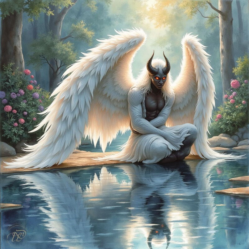Der Erzengel Samael mit grossen weissen Flügeln, schwarzen Hörnern und glühenden roten Augen kauert nachdenklich am Ufer eines Waldsees. Sein Körper spiegelt sich im ruhigen Wasser wider.