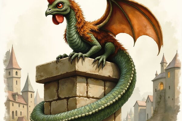 Ein Basilisk, eine Mischung aus Hahn und Schlange, thront auf einer Steinsäule. Das Fabelwesen hat einen grünen Schlangenkörper, rote Fledermausflügel und einen Hahnenkopf mit feurigen Augen über einer nebligen, mittelalterlichen Stadt.