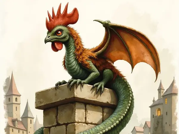 Ein Basilisk, eine Mischung aus Hahn und Schlange, thront auf einer Steinsäule. Das Fabelwesen hat einen grünen Schlangenkörper, rote Fledermausflügel und einen Hahnenkopf mit feurigen Augen über einer nebligen, mittelalterlichen Stadt.