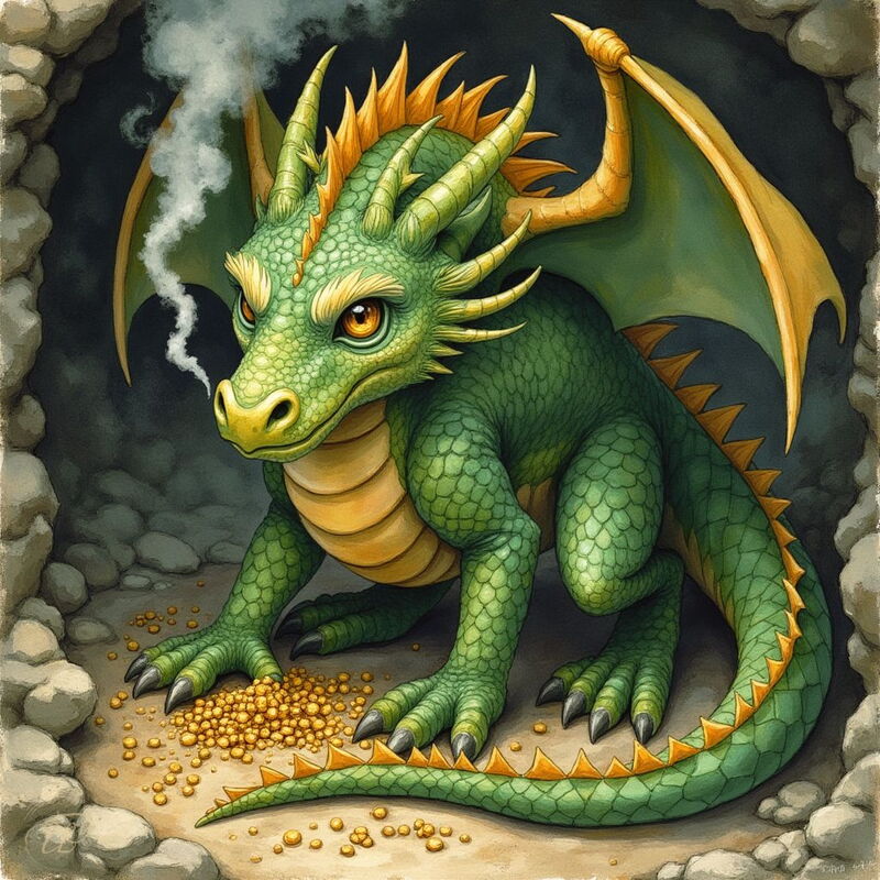 Ein kleiner, grüner Drache mit großen, orangen Augen sitzt in einer Steinhöhle und blickt den Betrachter an. Vor ihm liegt ein kleiner Haufen Gold und aus seinen Nüstern steigt Rauch auf.