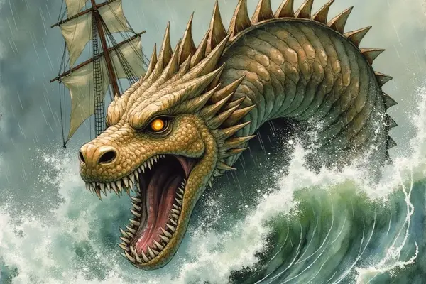 Eine riesige, drachenähnliche Seeschlange mit leuchtend gelben Augen und stacheligem Rückenkamm bricht mit weit aufgerissenem Maul aus den Wellen eines stürmischen Meeres hervor. Im Hintergrund ist ein großes Segelschiff im Regen zu erkennen.