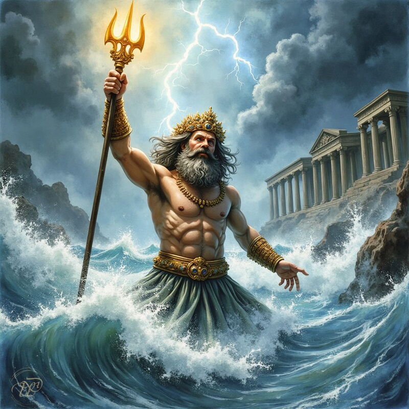 Der mächtige Gott Poseidon mit langem Bart und goldener Krone erhebt sich aus den stürmischen Meereswellen, seinen leuchtenden Dreizack in den von Blitzen erhellten Himmel gereckt, während im Hintergrund ein antiker Tempel auf einer Klippe thront.