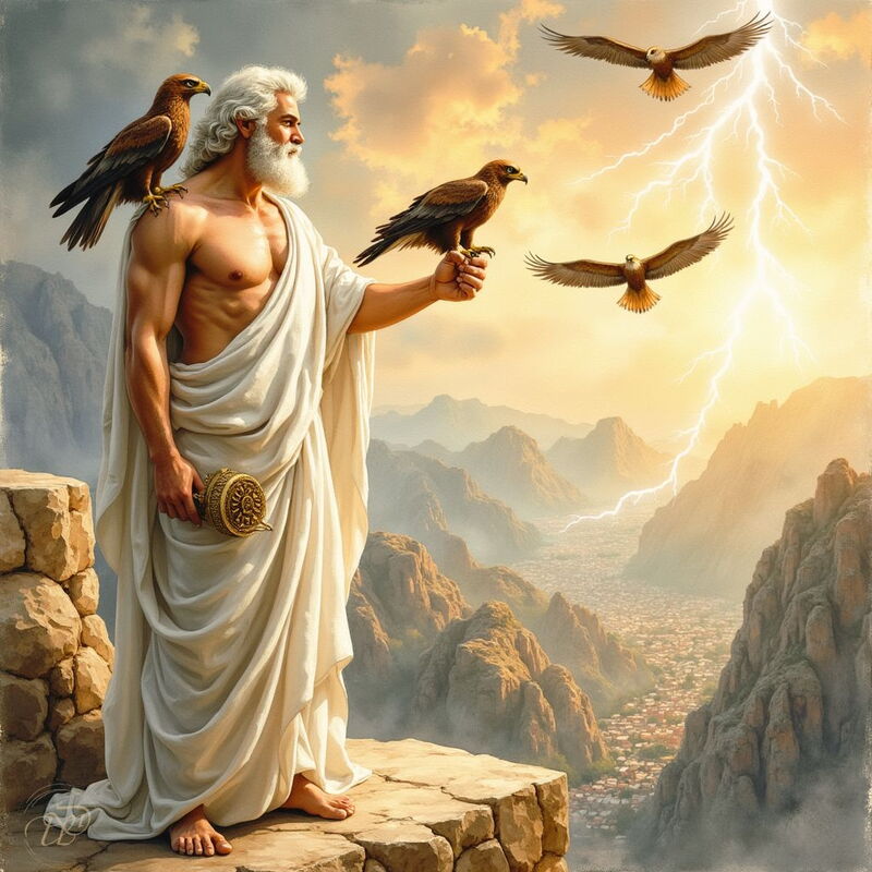 Der Göttervater Zeus mit weißem Bart und Haar steht in einer weißen Toga auf einem Berggipfel, umgeben von Adlern. Während ein Adler auf seiner Schulter und ein weiterer auf seiner Hand sitzen, schlägt im Hintergrund ein gewaltiger Blitz in ein Tal ein.