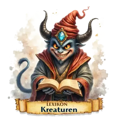 Ein blaues, gehörntes Wesen mit hinterhältigem Lächeln und rotem Turban präsentiert ein offenes Buch.