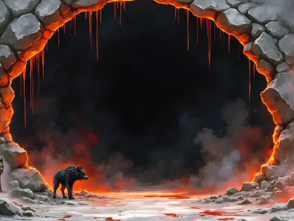 Eine dunkle Kapuzengestalt, Wölfe und ein gehörnter Dämon bewachen ein glühendes Felsportal für Vampire und Dämonen.