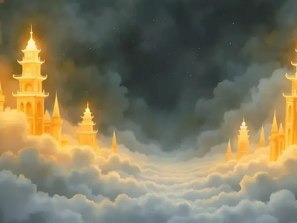 Goldene Tempeltürme, die über den Wolken einer ätherischen Luftwelt schweben und im sanften Licht leuchten.