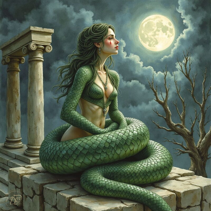 Eine Lamia, halb Frau, halb Schlange, sitzt mit ihrem gewaltigen grünen Schlangenkörper auf einer antiken Ruine. Unter dem vollen Mond blickt sie mit melancholischem Gesichtsausdruck, auf dem eine einzelne Blutträne zu sehen ist, in den Nachthimmel.