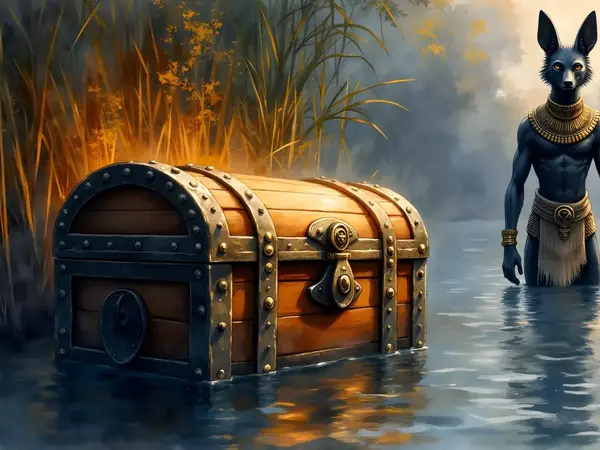 Eine schwer verzierte Holztruhe sinkt in die dunklen Fluten des Nils, während der Schatten des Schakalgottes Anubis am Schilfufer wacht.