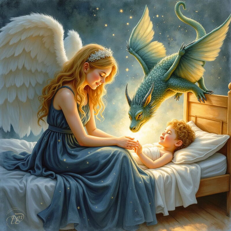 Ein weiblicher Schutzengel mit weissen Flügeln und ein kleiner, freundlicher Drache wachen über ein schlafendes Kind. Der Engel sitzt auf dem Bett und hält die Hand des Kindes, während der Drache über ihnen schwebt.