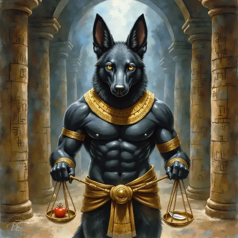 Der ägyptische Gott Anubis als muskulöse Gestalt mit dem Kopf eines schwarzen Schakals und leuchtend gelben Augen. Er hält eine goldene Waage, auf der in der einen Schale ein rotes Herz und in der anderen eine weiße Feder liegt – die Zeremonie der Herzwäg
