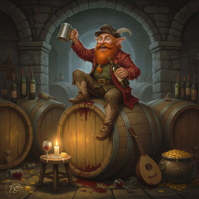 Der irische Kobold Clurichaun sitzt nachts in einem rustikalen Weinkeller auf einem Holzfass, hebt fröhlich einen Krug und feiert bei Kerzenschein – die liederliche, nächtliche Form des Leprechauns.