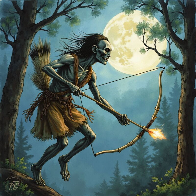 Der Baykok, eine ausgemergelte, skelettartige Kreatur, bewegt sich durch einen nächtlichen Wald und zielt mit einem Bogen. Die Spitze seines Pfeils leuchtet feurig, während im Hintergrund der Vollmond scheint.