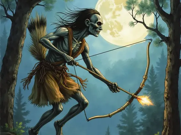 Der Baykok, eine ausgemergelte, skelettartige Kreatur, bewegt sich durch einen nächtlichen Wald und zielt mit einem Bogen. Die Spitze seines Pfeils leuchtet feurig, während im Hintergrund der Vollmond scheint.