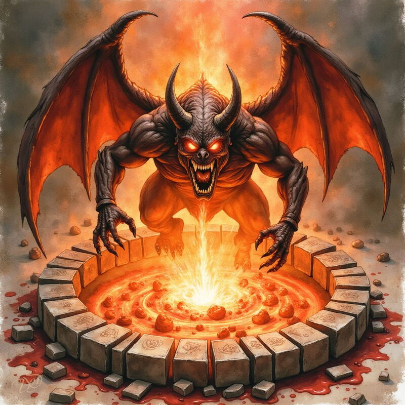 Ein muskulöser Dämonenfürst mit großen Hörnern, leuchtend roten Augen und Fledermausflügeln wird in einem blutigen Beschwörungskreis aus Steinblöcken heraufbeschworen. Aus der Mitte des Kreises schießt eine Flammensäule empor.