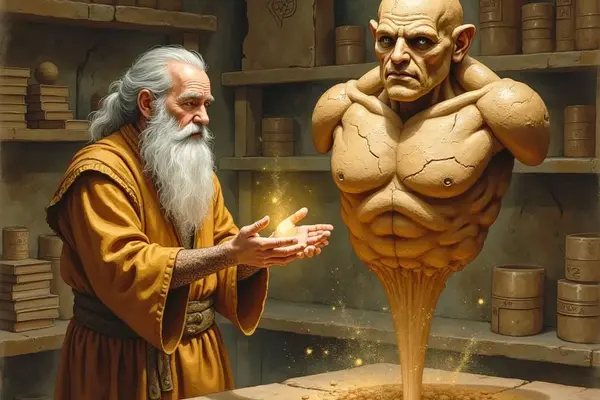 Ein alter Magier mit langem, weißem Bart formt in seiner Werkstatt mit goldener Magie den Torso eines Golems. Die Kreatur aus Lehm und Sand erhebt sich von einem Steintisch, während magische Partikel umherschweben.