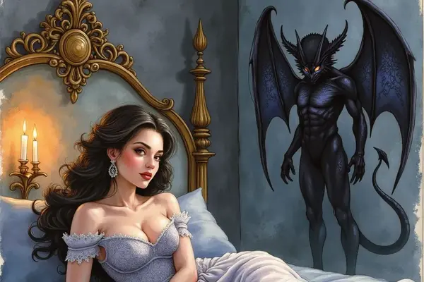 Eine Sukkubus in Gestalt einer schönen Frau mit langen schwarzen Haaren liegt in einem eleganten Kleid auf einem Bett. Im Schatten hinter ihr steht ihre wahre dämonische Form: eine geflügelte Kreatur mit leuchtenden Augen.