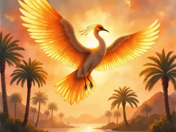 Der göttliche altägyptische Totenvogel Benu als majestätischer Reiher im Sonnenaufgang