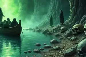 Fährmann in einem Holzboot auf dem grünen Fluss Styx neben felsigem Ufer mit Totenschädeln und Münzen