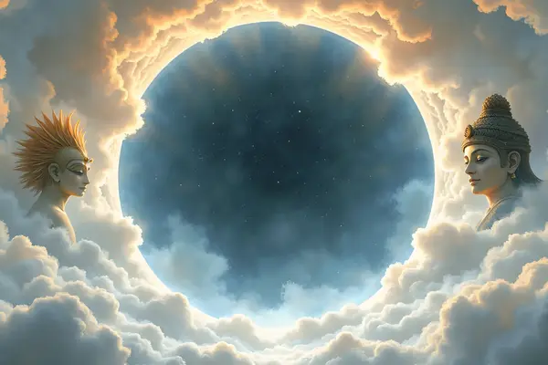 Profile von ägyptischen Göttern, Buddha und Gottheiten vor einem kosmischen Kreis im Lexikon der Götter.