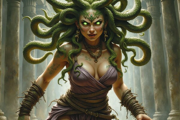 Die Gorgone Medusa mit leuchtend grünen Augen und einem Haupt aus lebendigen, zischenden Schlangen schreitet in einem antiken Tempel entschlossen auf den Betrachter zu. Ihre Haut ist stellenweise mit grünen Schuppen bedeckt und ihre Finger enden in schwar
