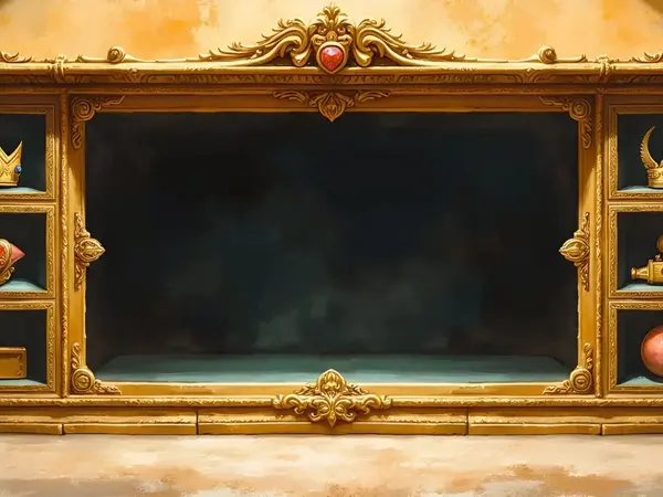 Prunkvolle goldene Vitrine mit magischen Artefakten wie Kronen, Helmen und Reliquiaren in einer Schatzkammer.