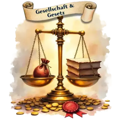 Goldene Waage mit Geldsack und Büchern über Goldmünzen vor einem Siegel für Mythen Gesellschaft und Ordnung.