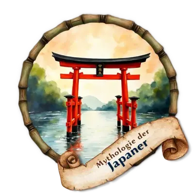 Roter Torii-Bogen im Wasser vor bewaldeten Bergen, gerahmt von Bambusstangen und einem Banner.
