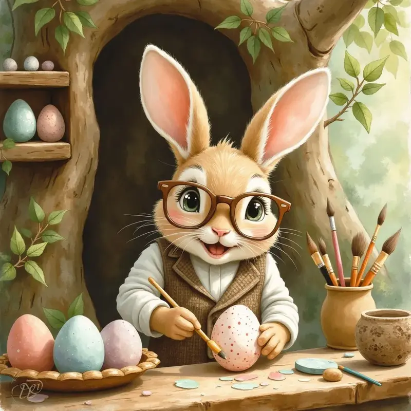 Ein Osterhase mit Brille und Weste bemalt mit einem Pinsel konzentriert bunte Eier an einem Holztisch in einer Baumhöhle.