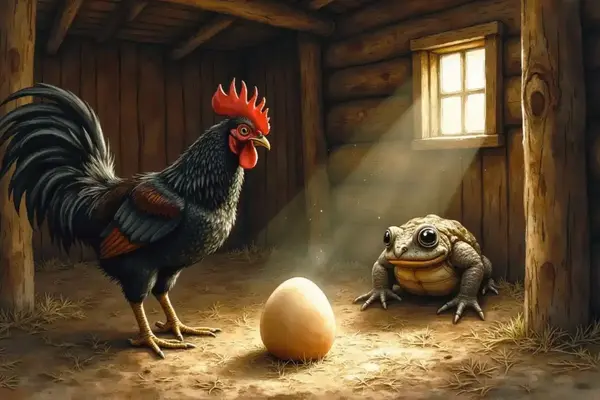 Ein Hahn bewacht ein lederartiges Ei im Stroh, während sich eine Kröte nähert.
