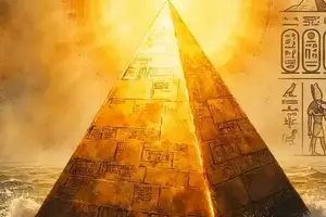 Goldener ägyptischer Benben-Stein mit Hieroglyphen taucht unter strahlender Sonne aus stürmischen Wellen auf