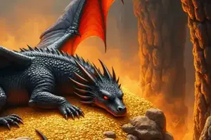 Schwarzer Drache mit roten Flügeln ruht auf einem Drachenhort aus Goldmünzen.