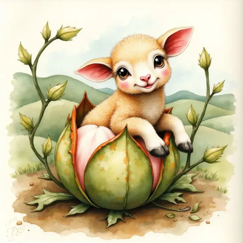 Niedliches, goldfarbenes Fabelwesen, das einem Lamm ähnelt, mit großen, dunklen Augen und schwarzen Hufen. Es sitzt in einer großen, sich öffnenden, grünen Pflanzenknospe, umgeben von Ranken vor einer sanften Hügellandschaft.