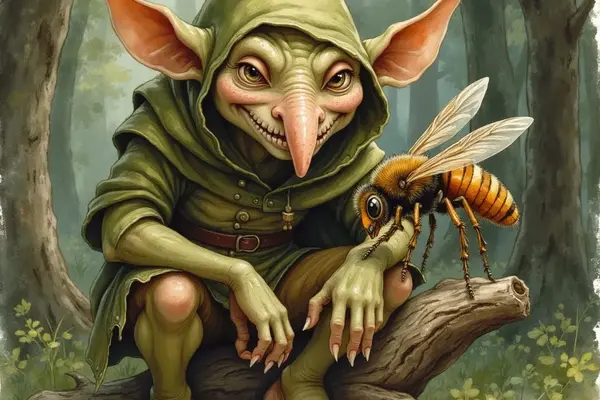 Ein listig grinsender Goblin mit grüner Haut, grossen spitzen Ohren und langer Nase hockt auf einem Ast im Wald. Auf seinem Arm sitzt eine grosse Hornisse, die er aufmerksam betrachtet.