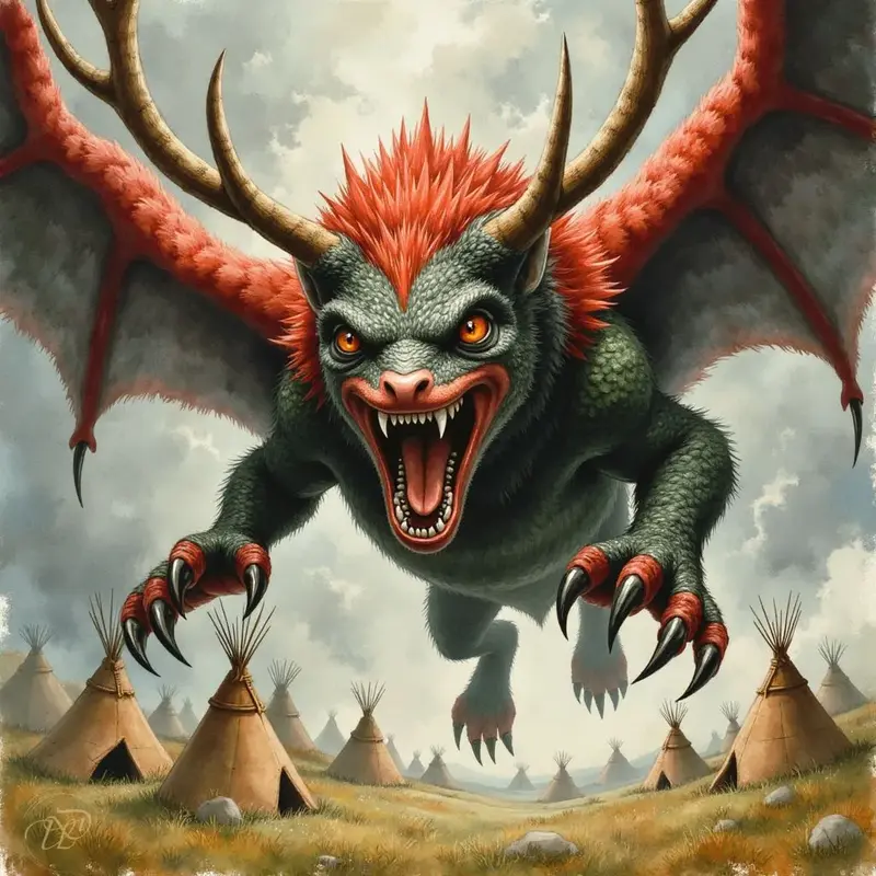 Das Piasa-Monster, eine geflügelte Kreatur mit grünem Körper, roten Flügeln, einem Geweih und scharfen Krallen, fliegt mit aufgerissenem Maul und leuchtenden Augen bedrohlich über ein Dorf aus Tipis.