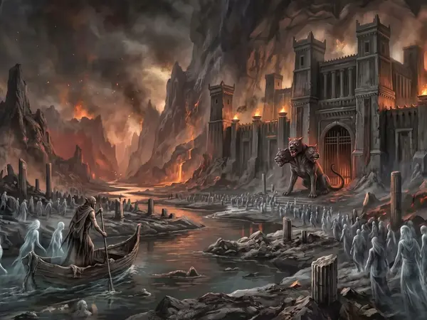 Charon fährt Seelen über den Styx ins Hades Totenreich, das von Kerberos bewacht wird.