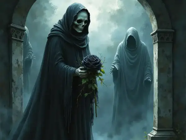 Ein verfluchter Mann mit Totenkopf in einer Gruft, umgeben von Geisterschatten und Staub.