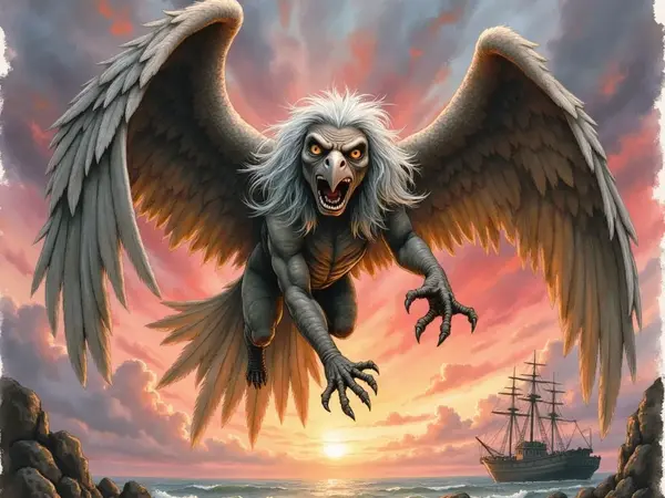 Eine Harpyie mit dem Oberkörper einer alten Frau und den Flügeln und Klauen eines Raubvogels fliegt mit aufgerissenem Schnabel und leuchtenden Augen direkt auf den Betrachter zu. Ihre grauen Flügel sind weit ausgebreitet vor einem dramatischen Sonnenunter