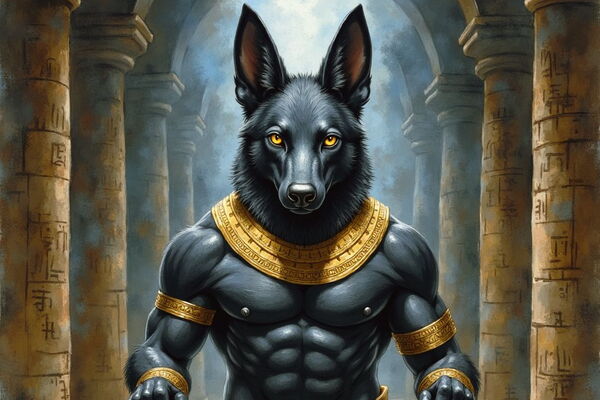 Der ägyptische Gott Anubis als muskulöse Gestalt mit dem Kopf eines schwarzen Schakals und leuchtend gelben Augen. Er hält eine goldene Waage, auf der in der einen Schale ein rotes Herz und in der anderen eine weiße Feder liegt – die Zeremonie der Herzwäg
