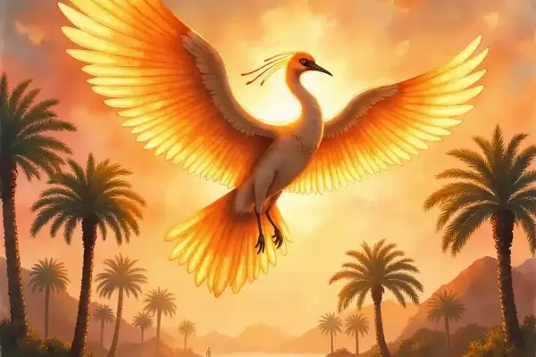 Der göttliche altägyptische Totenvogel Benu als majestätischer Reiher im Sonnenaufgang