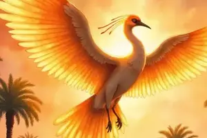 Benu, der heilige Vogel mit weiß-orangen Flügeln und einer feurigen Krone, der majestätisch am Himmel fliegt