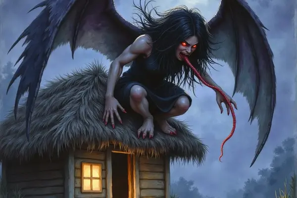 Die Aswang, eine Dämonin mit schwarzen Fledermausflügeln, hockt bei Vollmond auf dem Strohdach einer Holzhütte. Sie hat wildes Haar, leuchtend rote Augen und streckt eine extrem lange, dünne Zunge aus ihrem Mund.